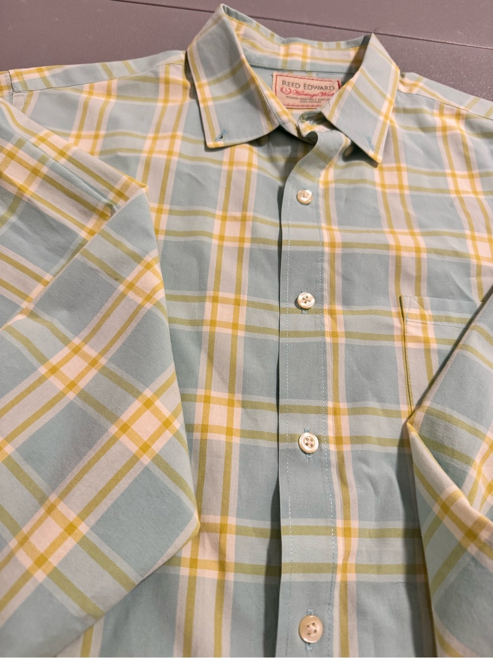 Reed Edward 100% Cotton Light Blue and Yellow Plaid Button-Down Shirt Size L - Picture 2 of 11
